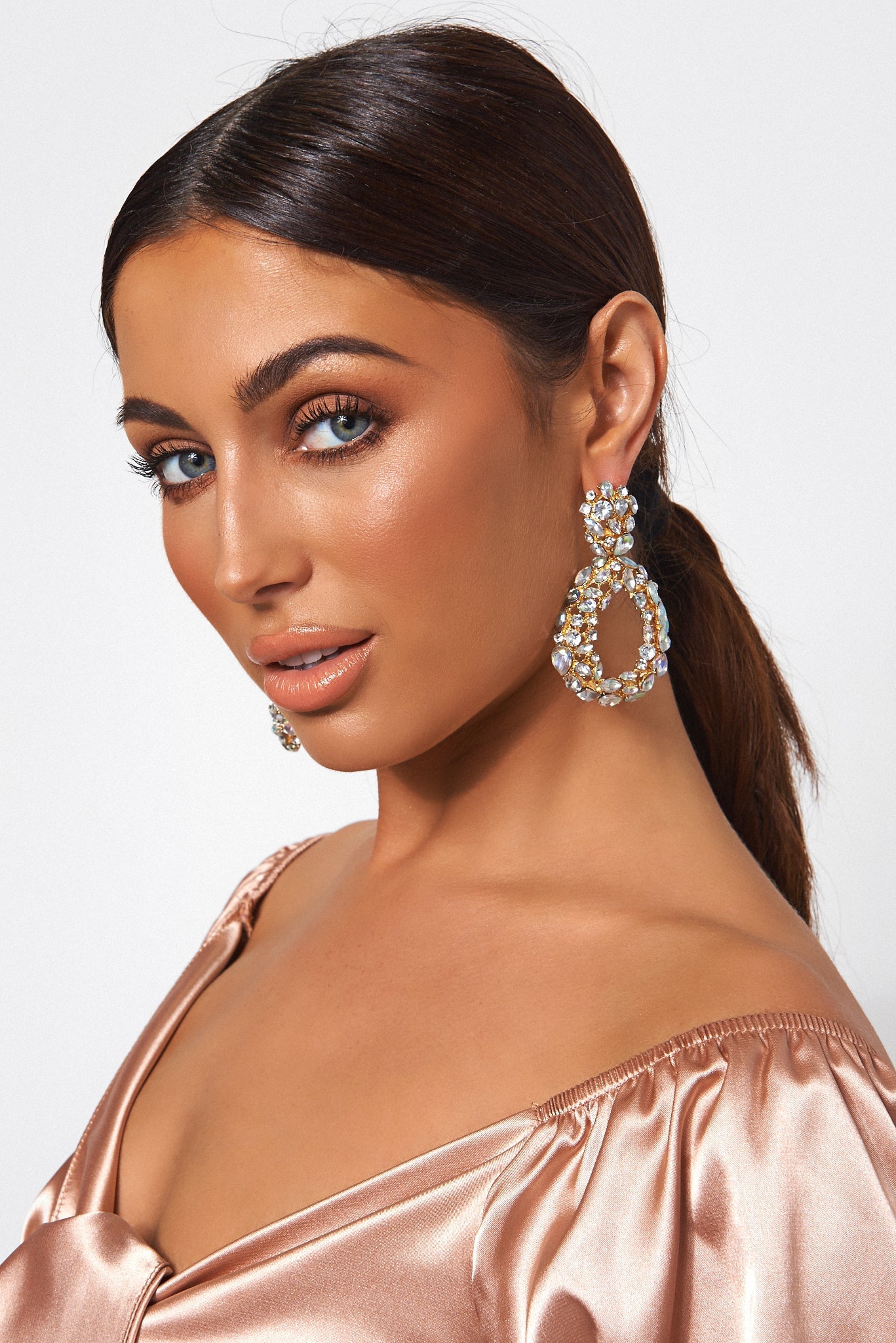White Crystal Oval Statement Earrings
