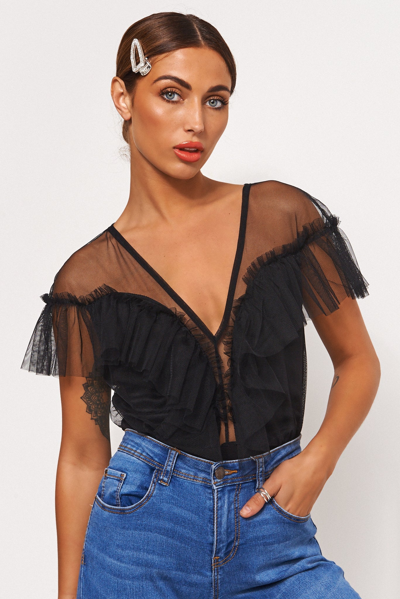 Dina Black Mesh Frill Bodysuit