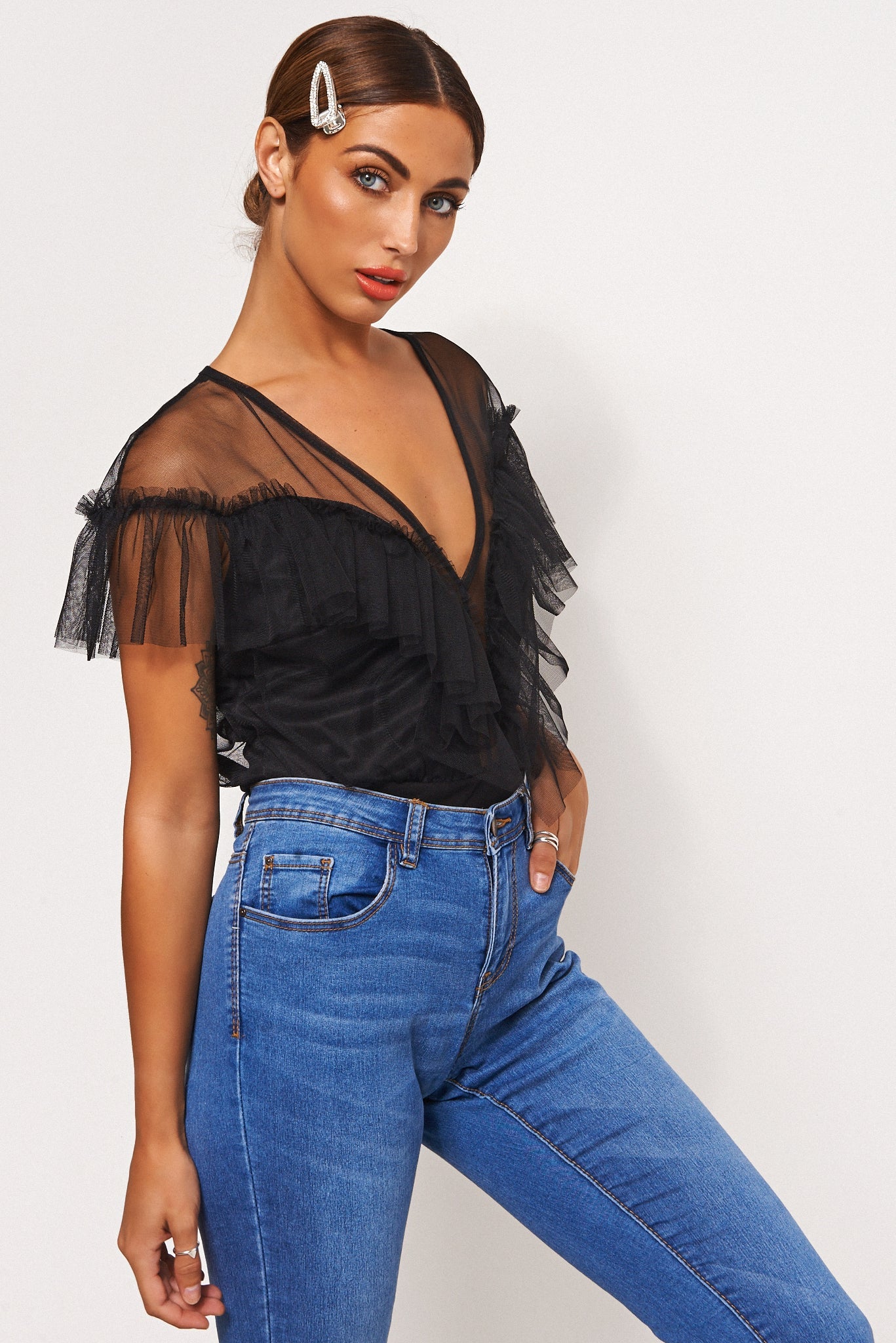 Dina Black Mesh Frill Bodysuit