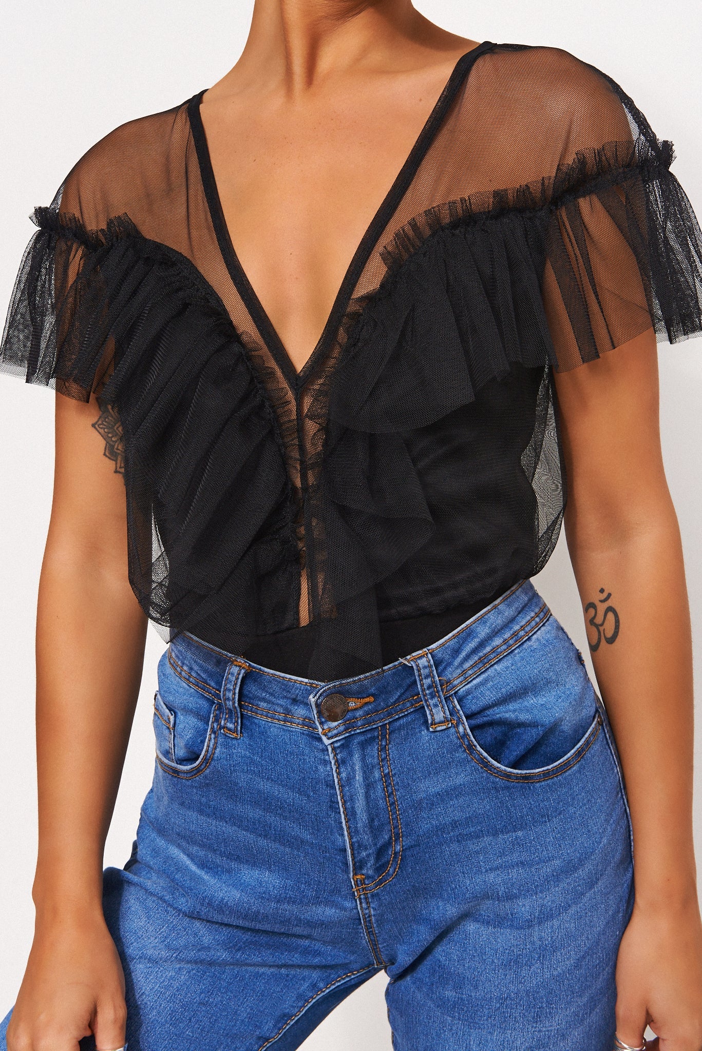 Dina Black Mesh Frill Bodysuit