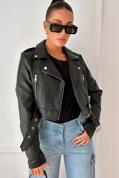 Grace Black Leather Cropped Jacket