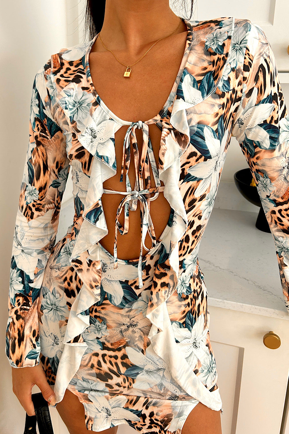 Aria White Leopard Print Tie Front Bodycon Dress