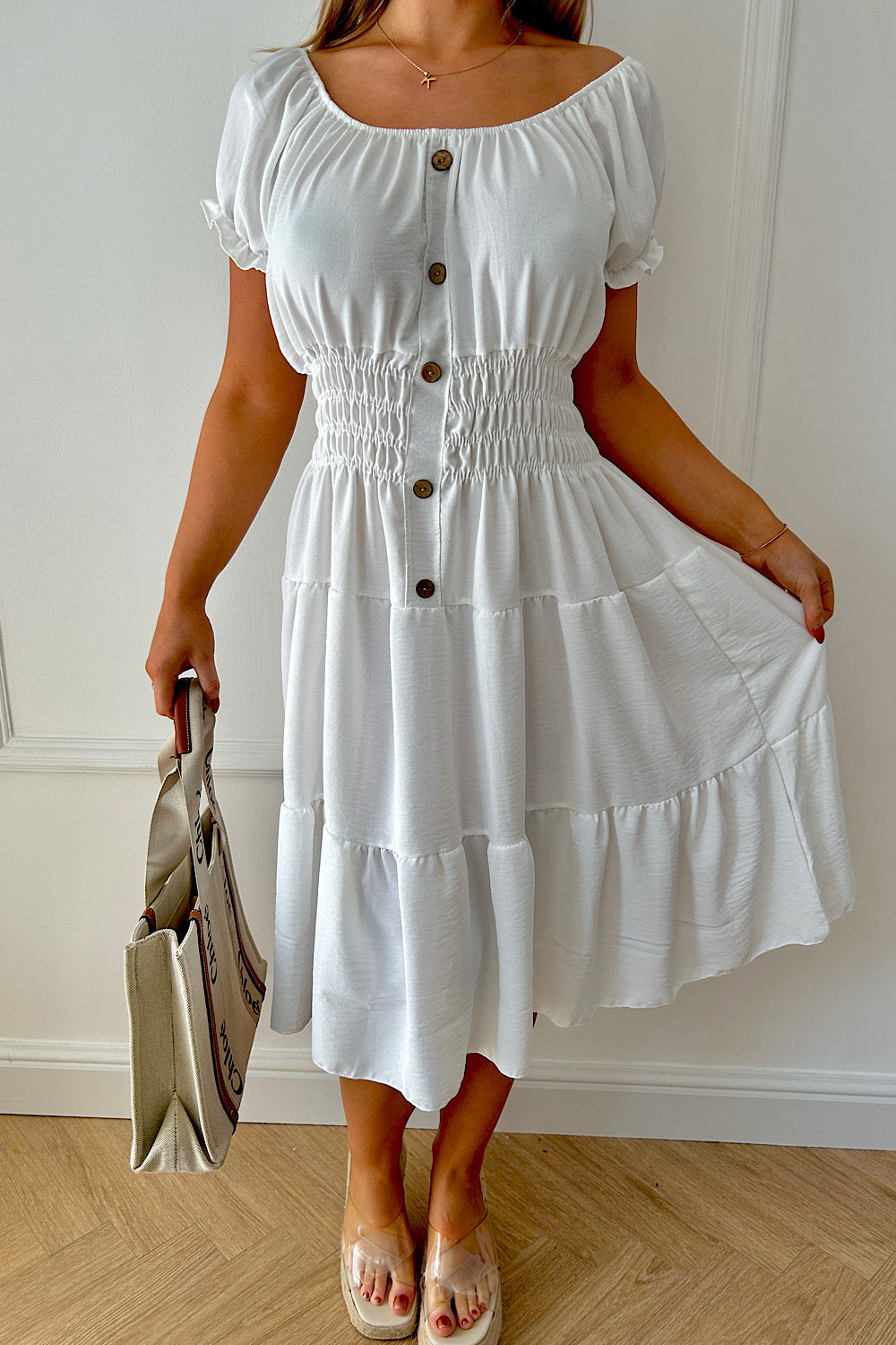 Raylee White Button Midi Dress