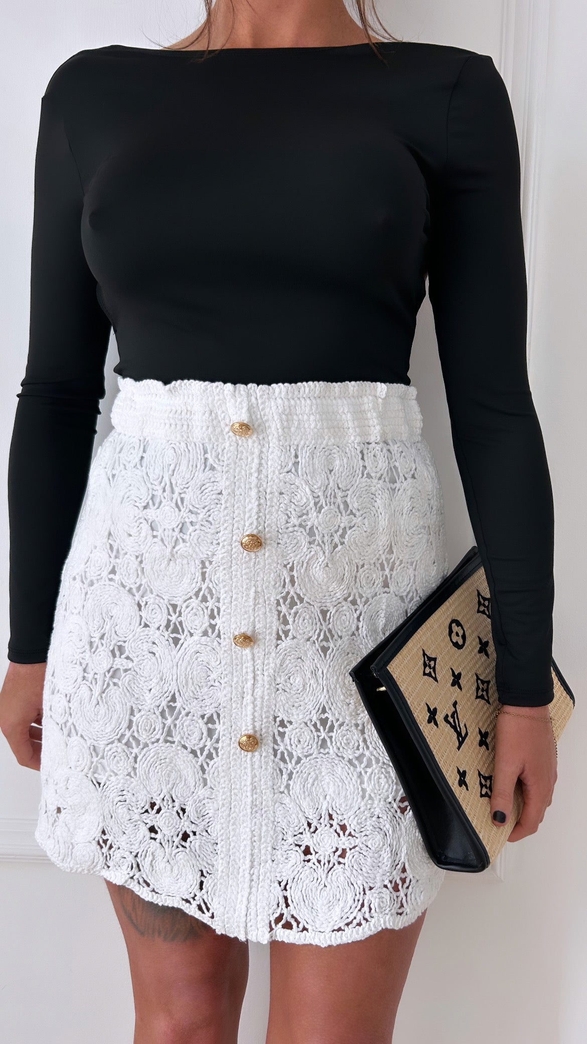 Tara White Crochet Button Mini Skirt