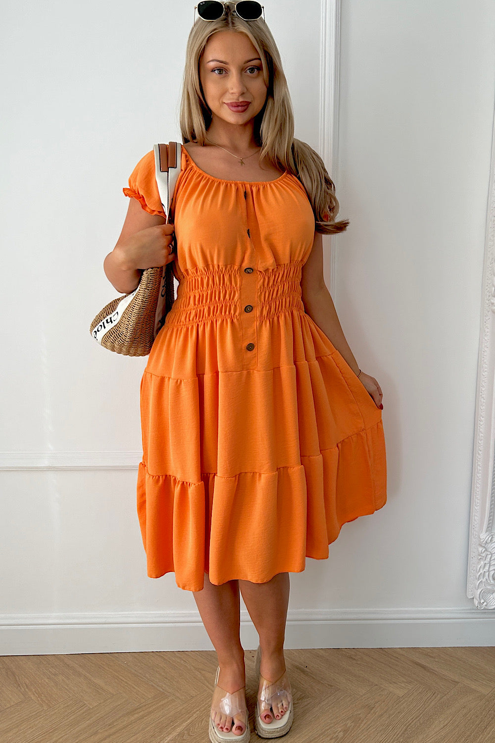 Raylee Orange Button Midi Dress