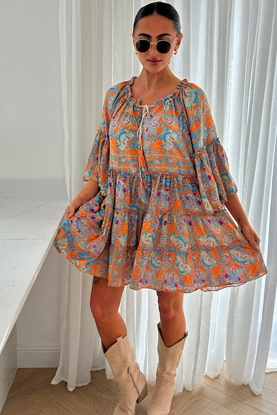 Naya Orange Boho Silk Mini Dress