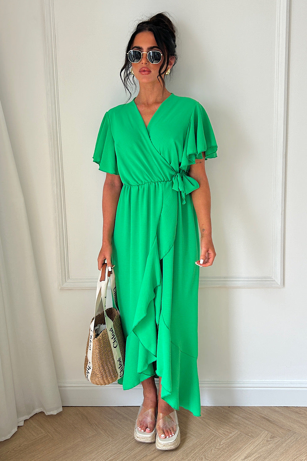 Tyla Green Chiffon Tie Side Frill Maxi Dress