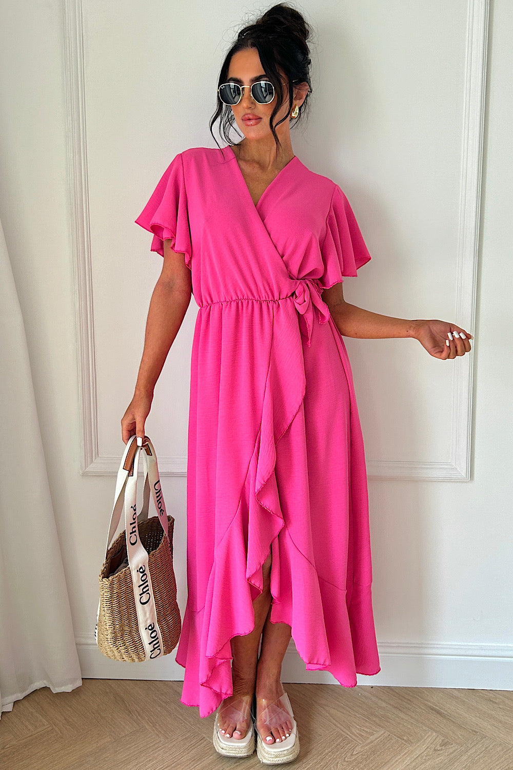 Tyla Pink Chiffon Tie Side Frill Maxi Dress