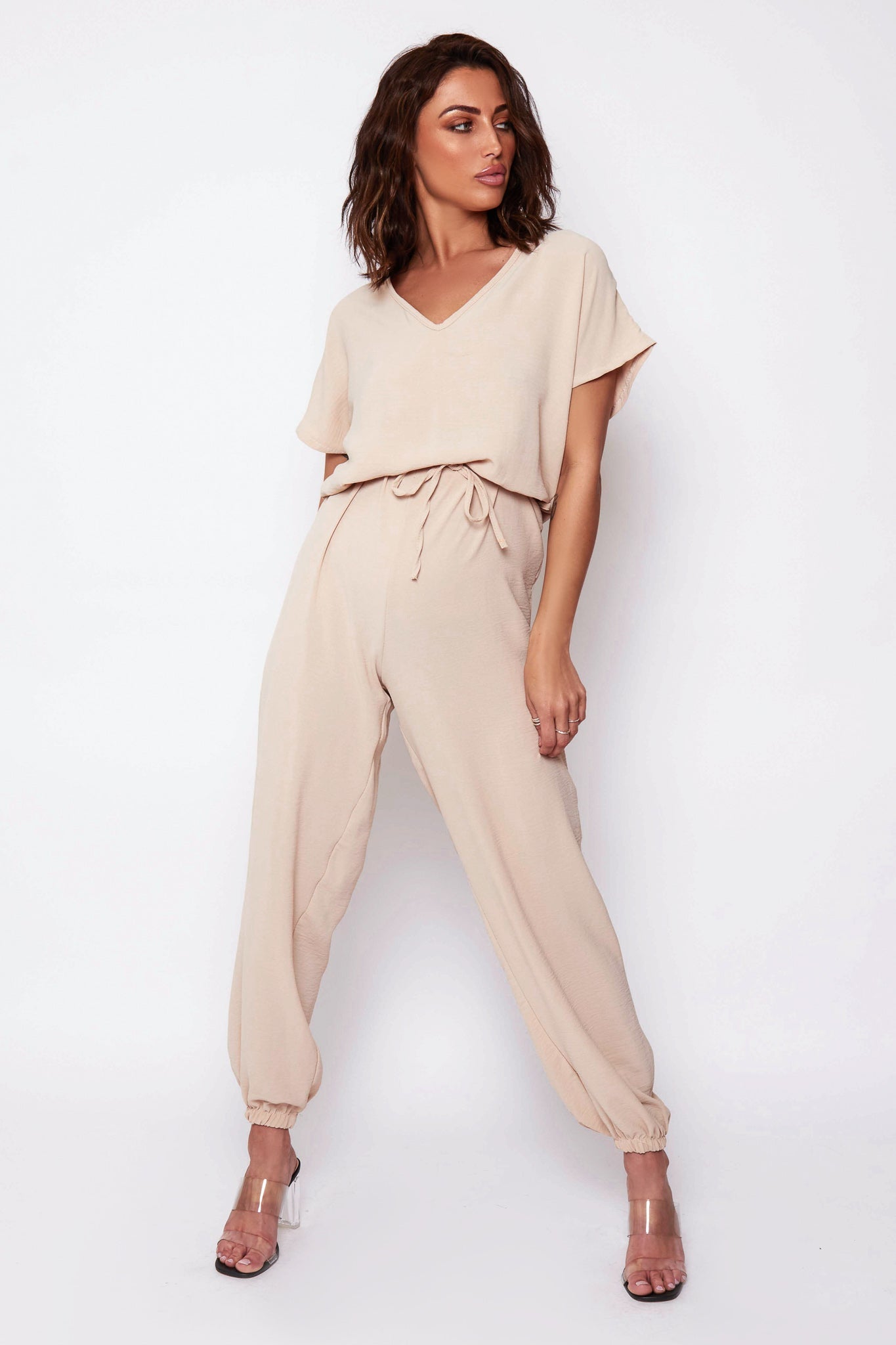Greta Beige V Neck Jumpsuit