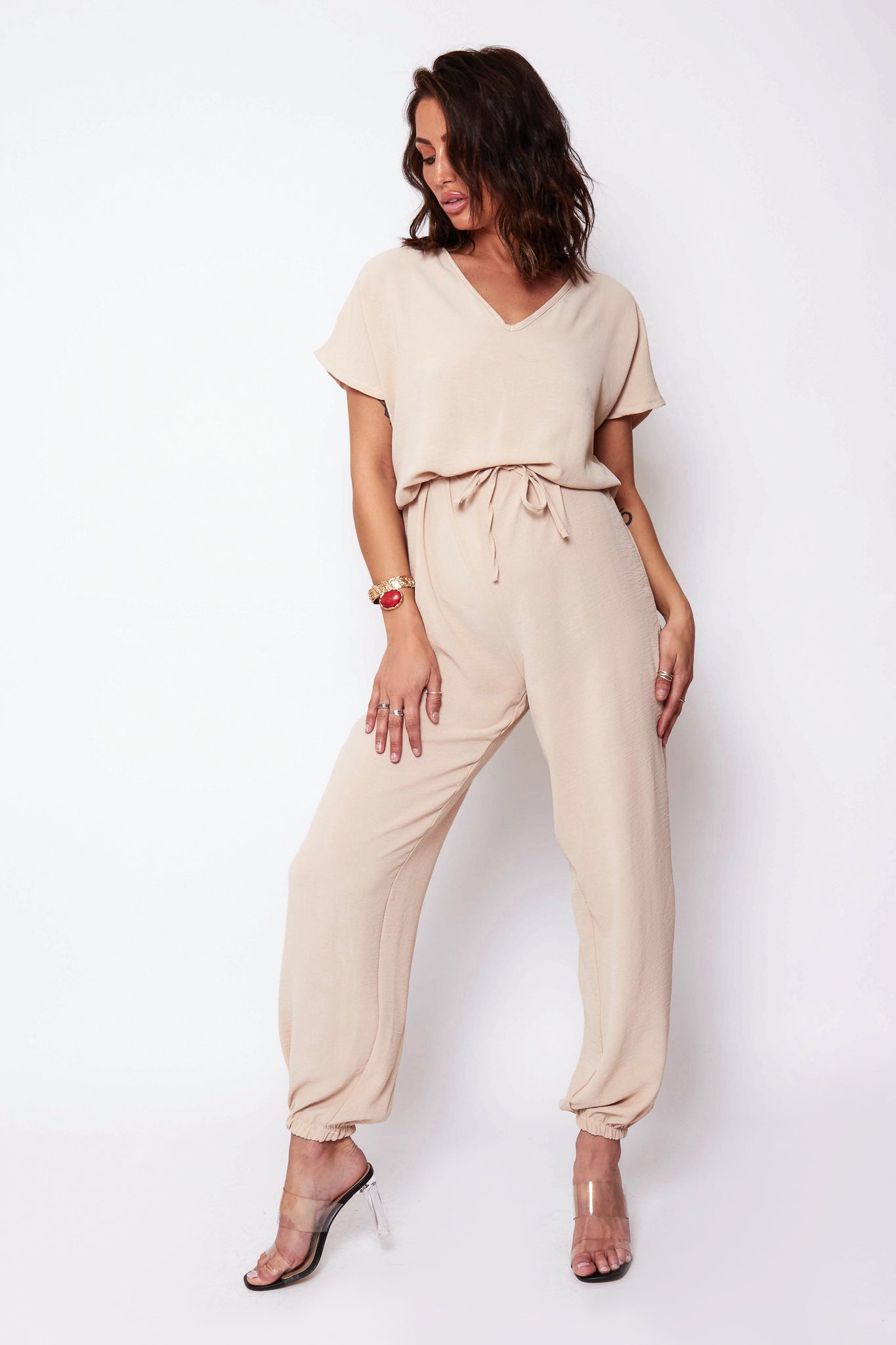 Greta Beige V Neck Jumpsuit