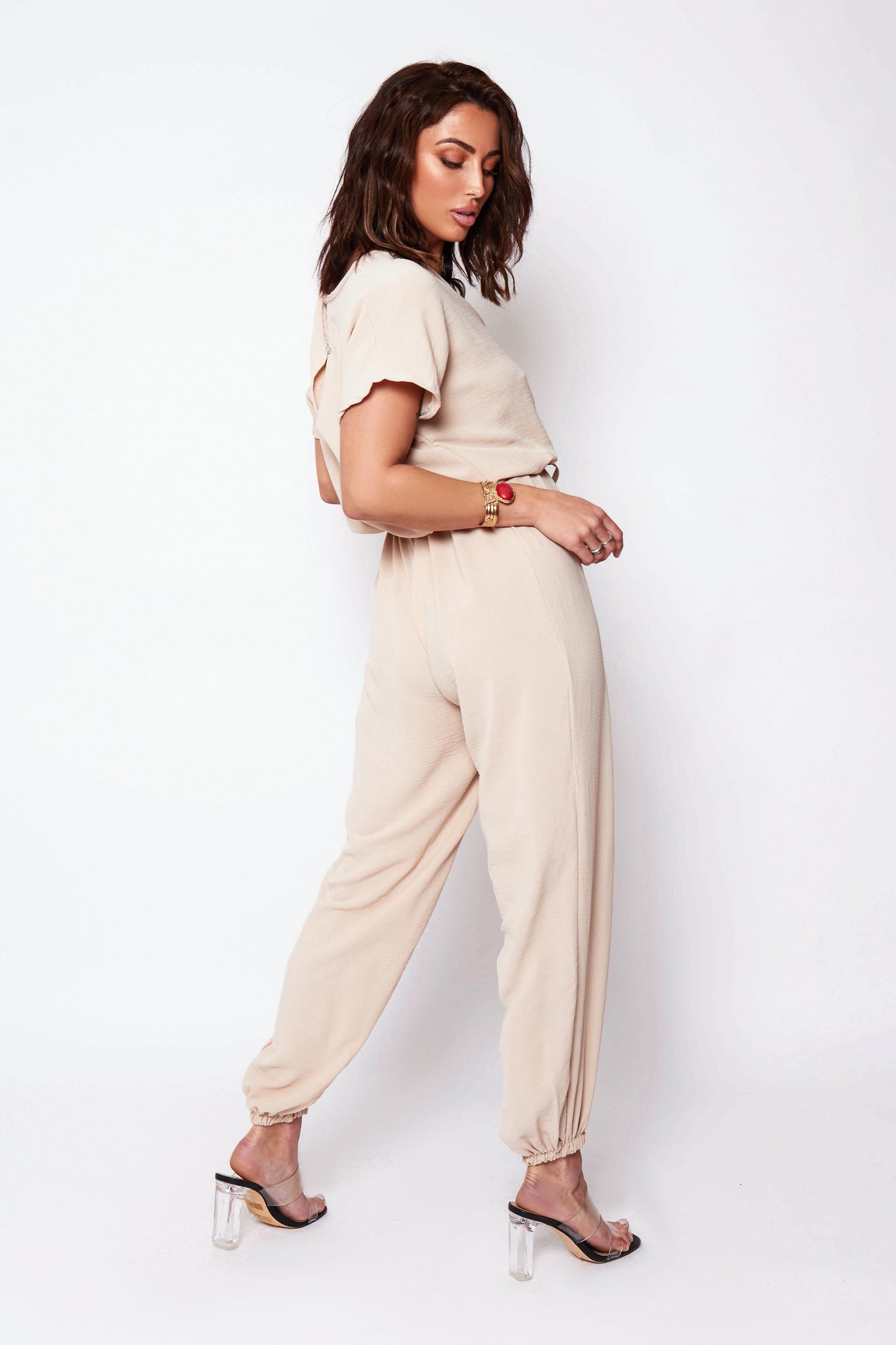 Greta Beige V Neck Jumpsuit