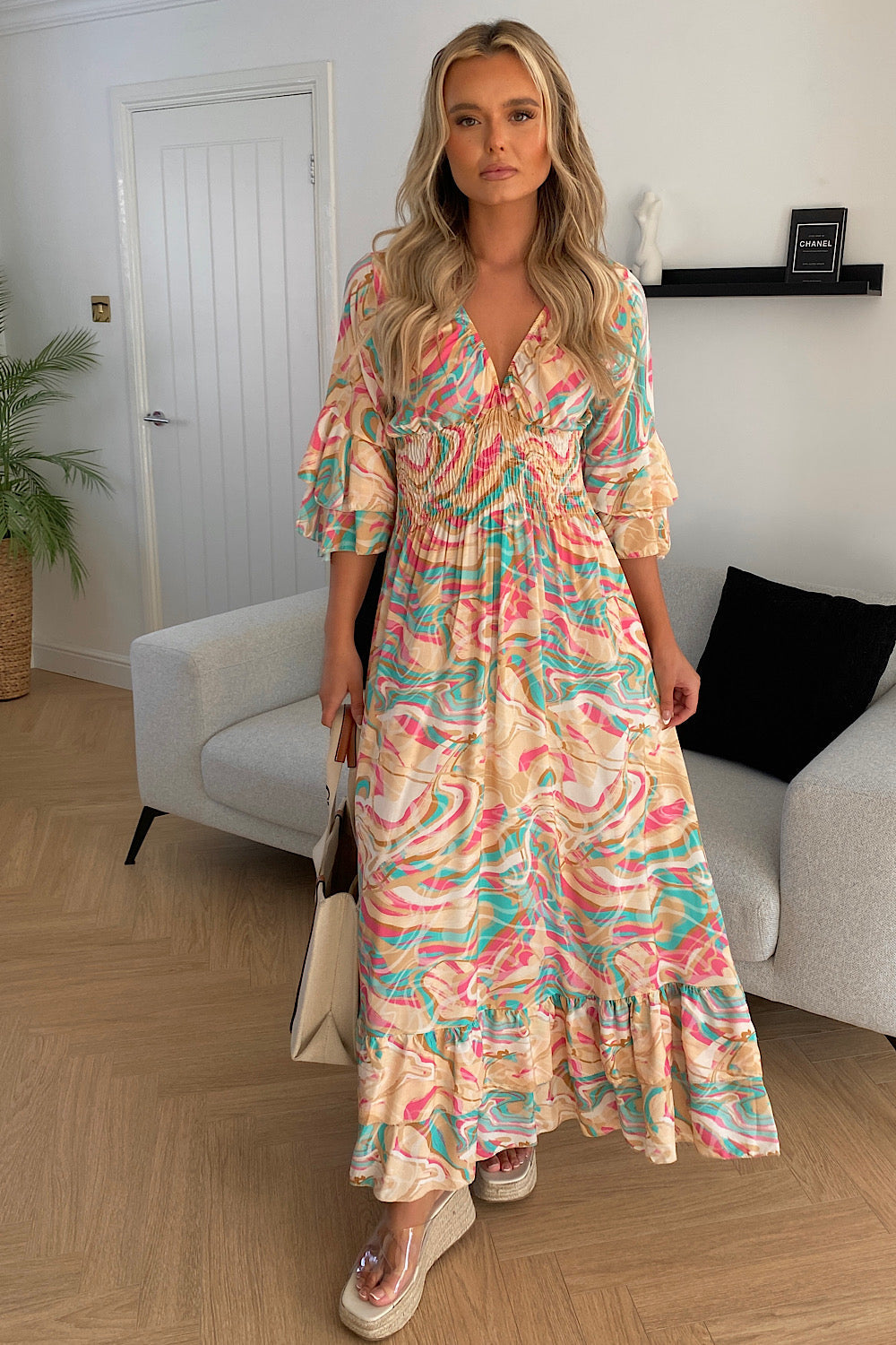 Beige Swirl V Neck Maxi Dress