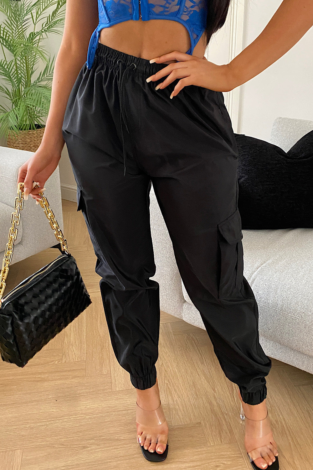 Black Cuffed Hem Shell Cargo Trousers