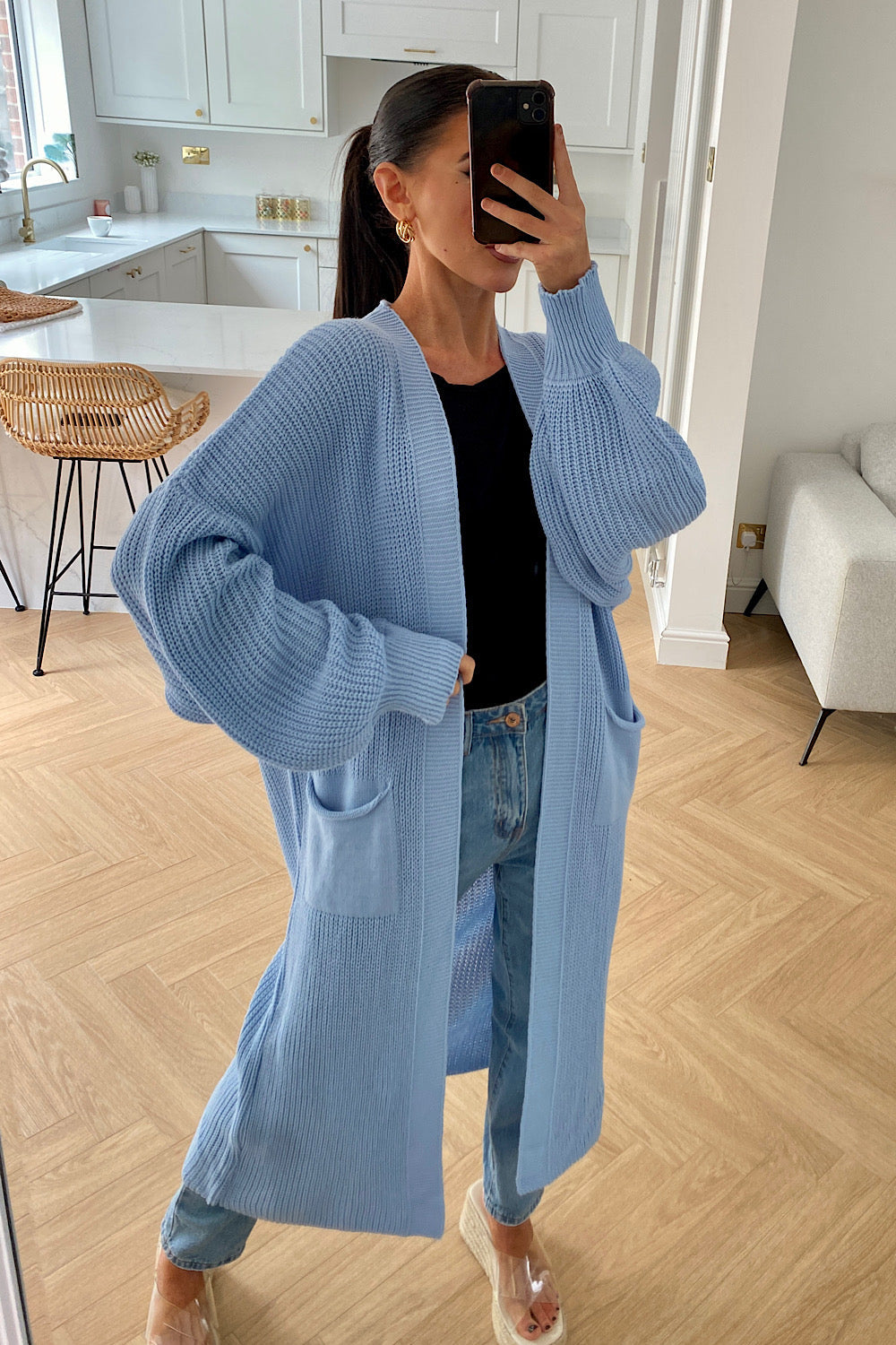 Bren Blue Balloon Sleeve Maxi Cardigan