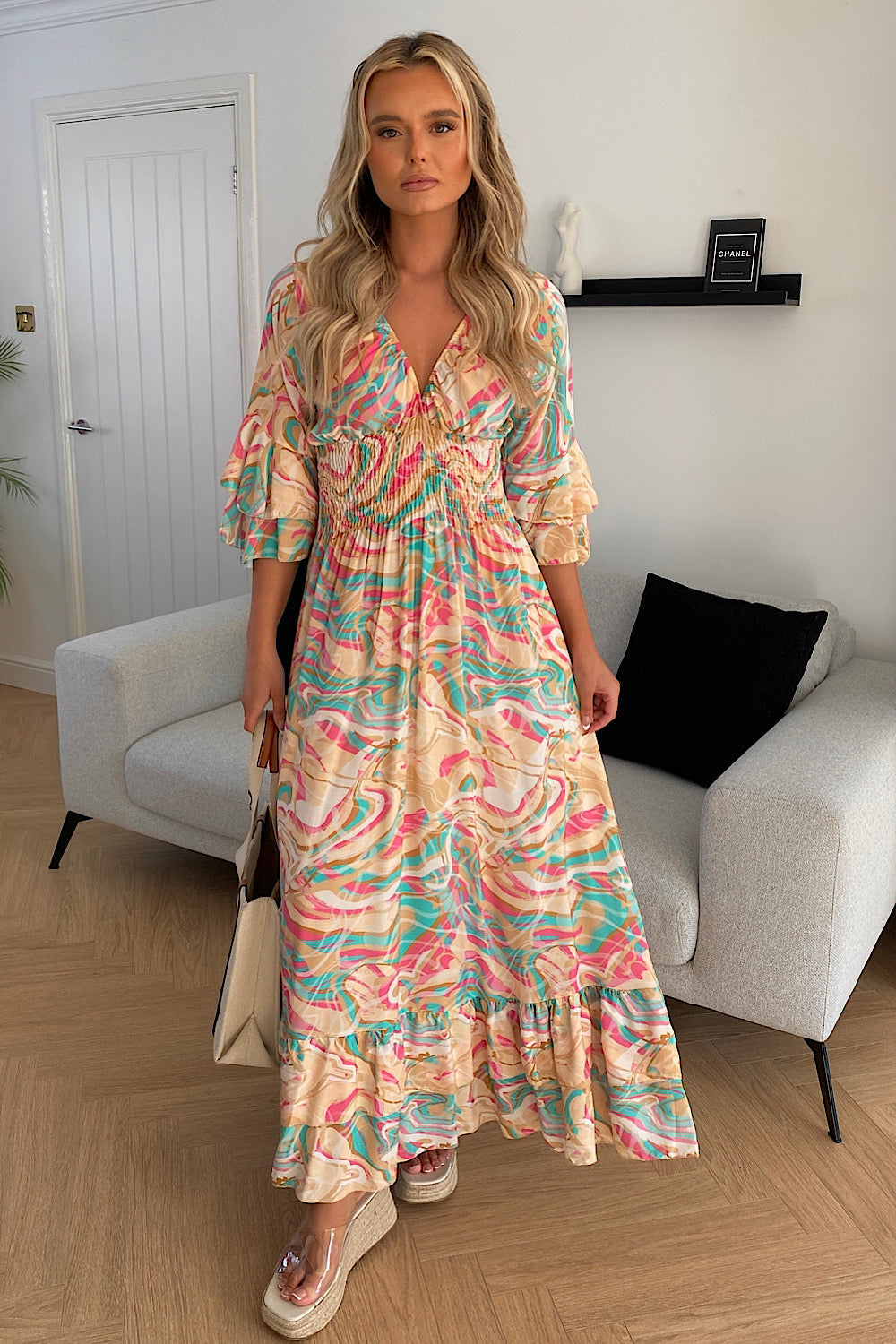 Beige Swirl V Neck Maxi Dress