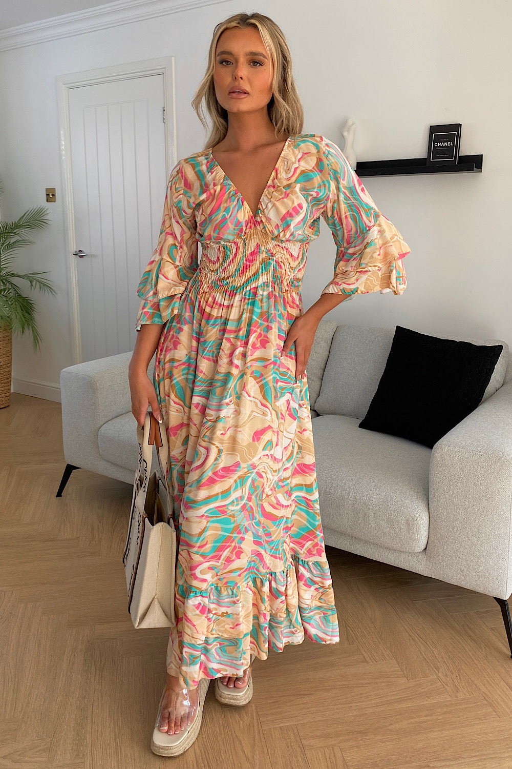 Beige Swirl V Neck Maxi Dress