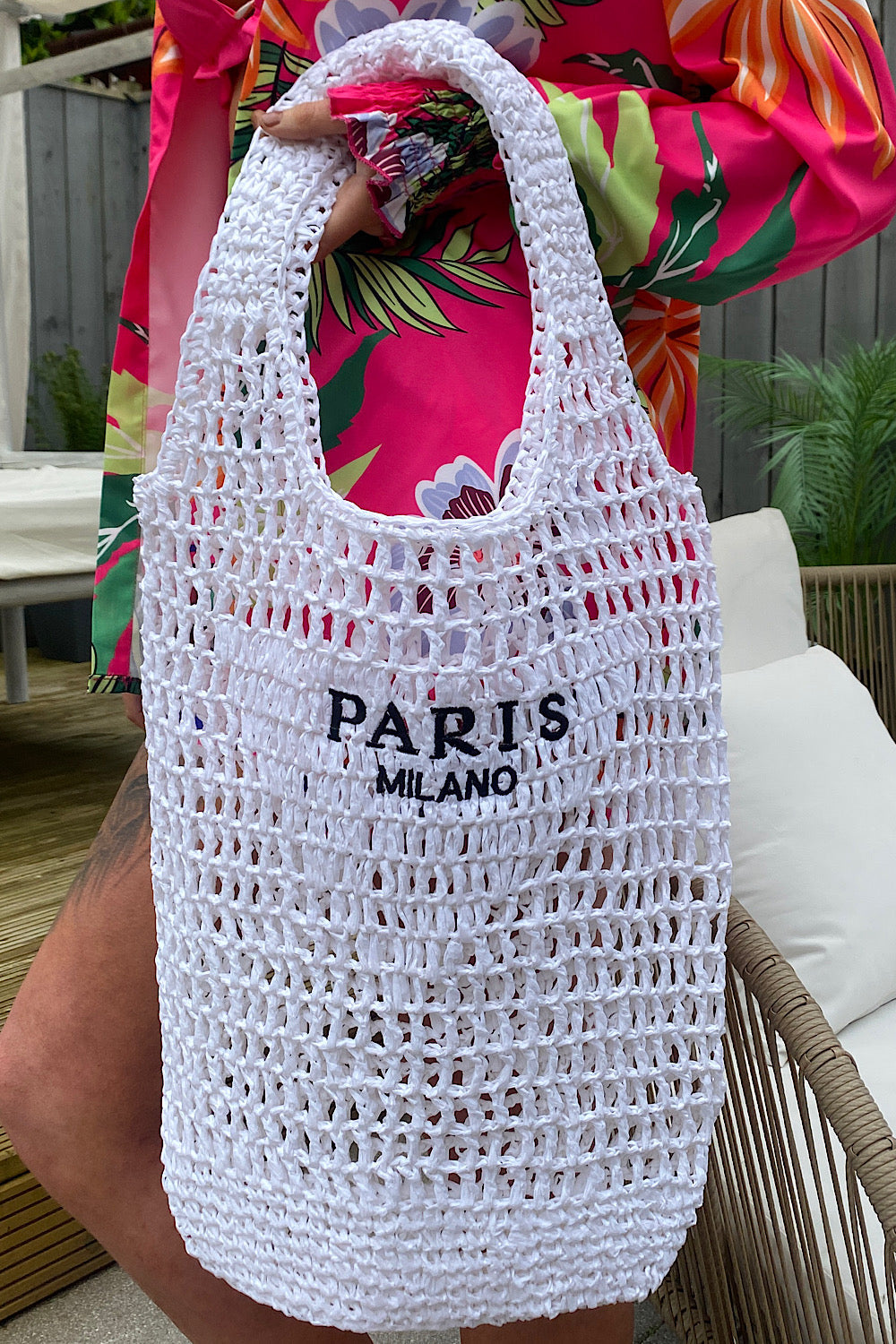 Paris Milano White Crochet Straw Tote Bag