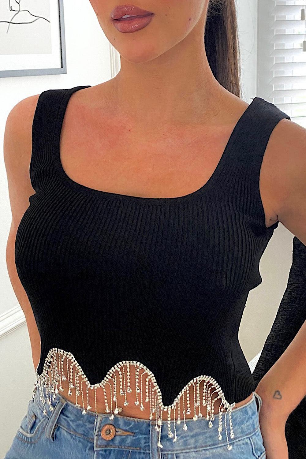Black Diamanté Chain Tassel Crop Top