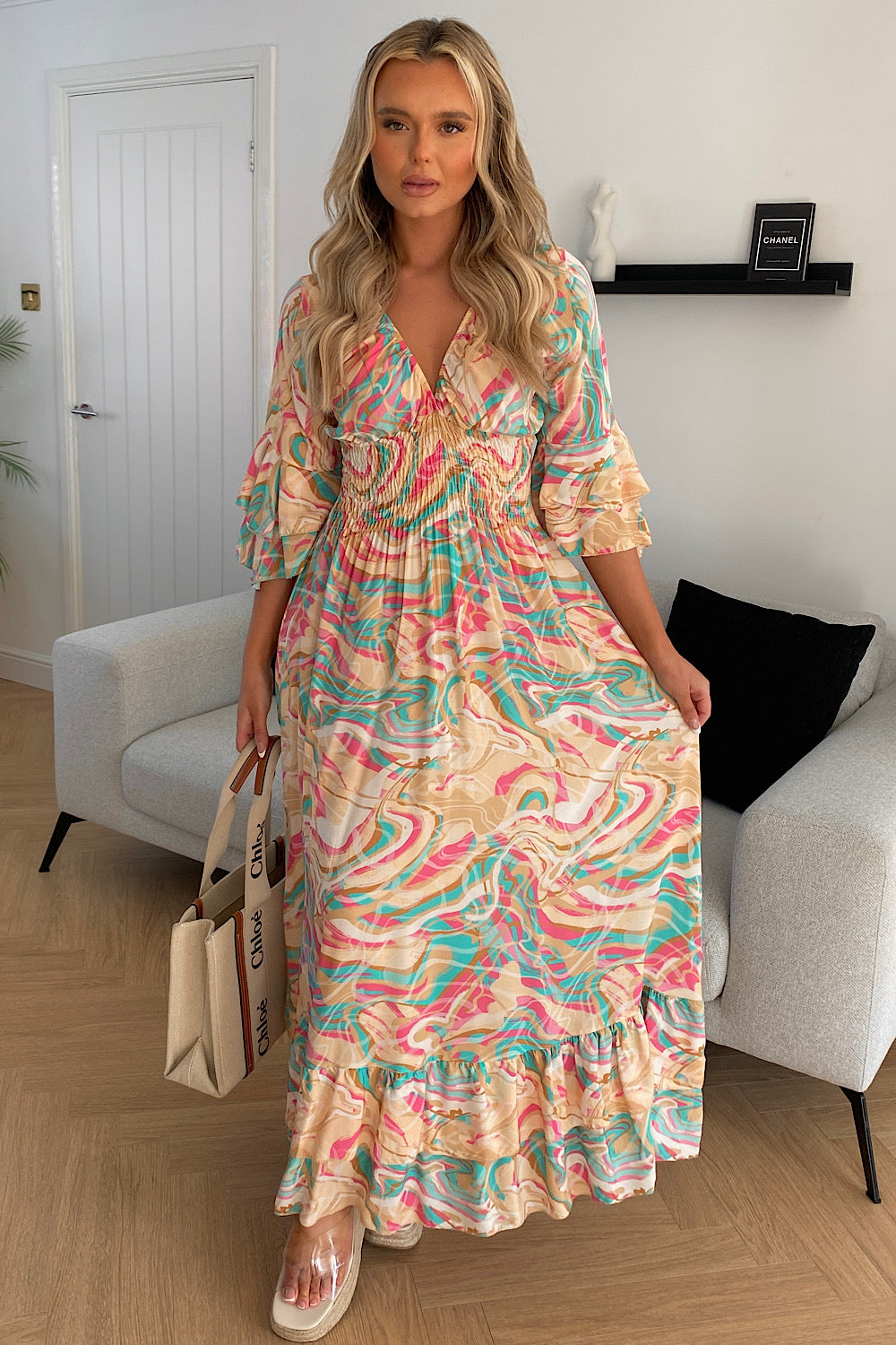 Beige Swirl V Neck Maxi Dress