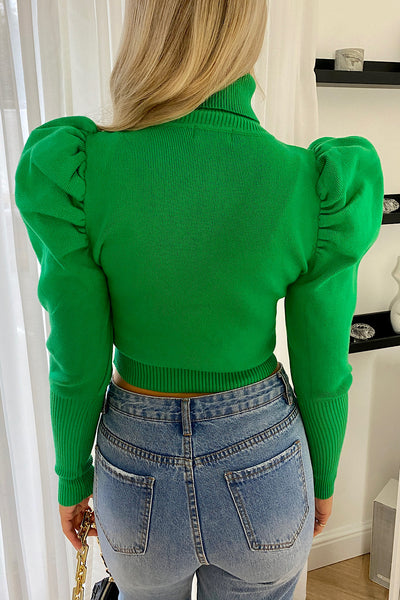 Allie Green Ribbed Polo Neck Puff Sleeve Jumper