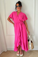 Tyla Pink Chiffon Tie Side Frill Maxi Dress
