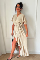 Tyla Beige Chiffon Tie Side Frill Maxi Dress
