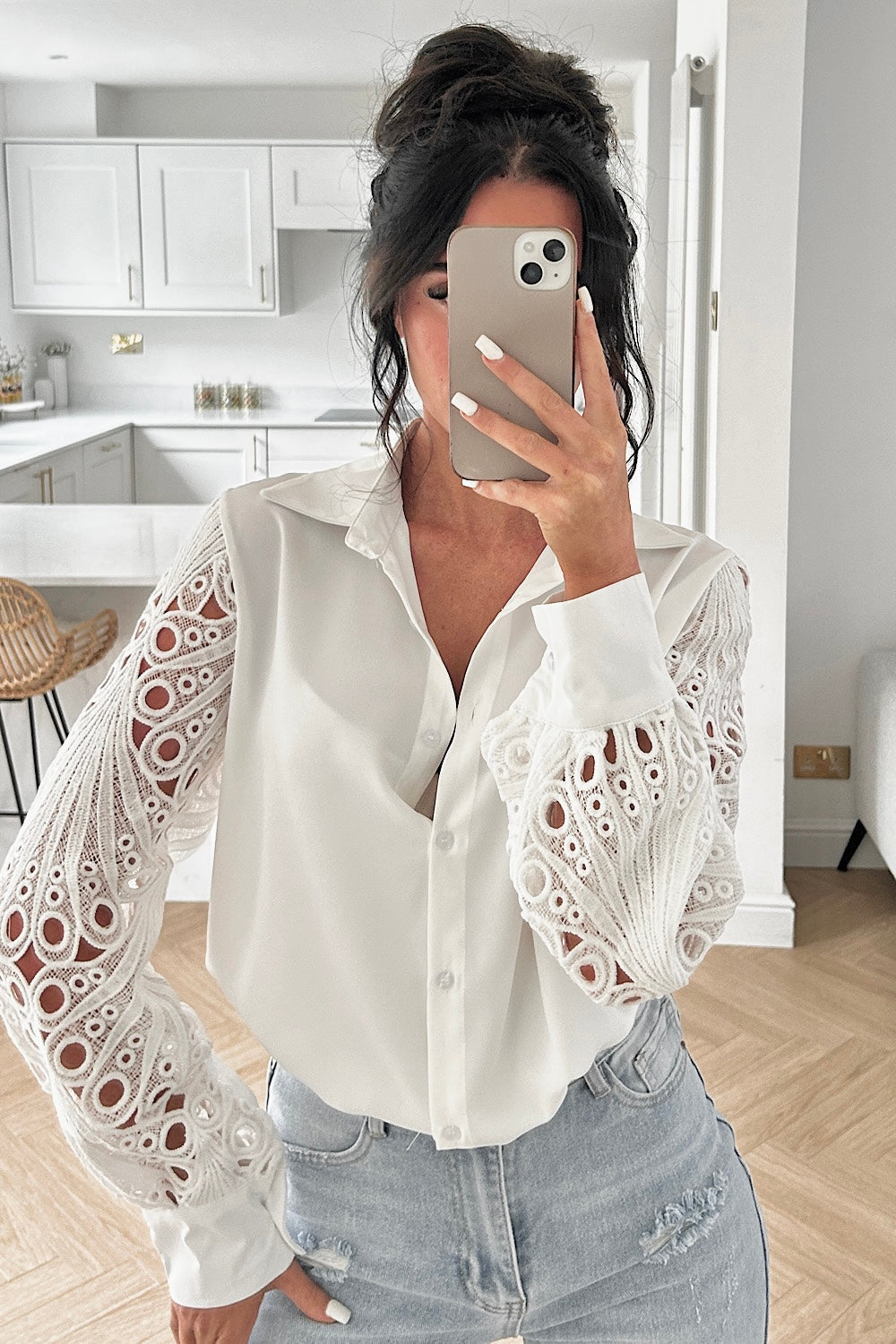 Amanda White Crochet Sleeve Shirt