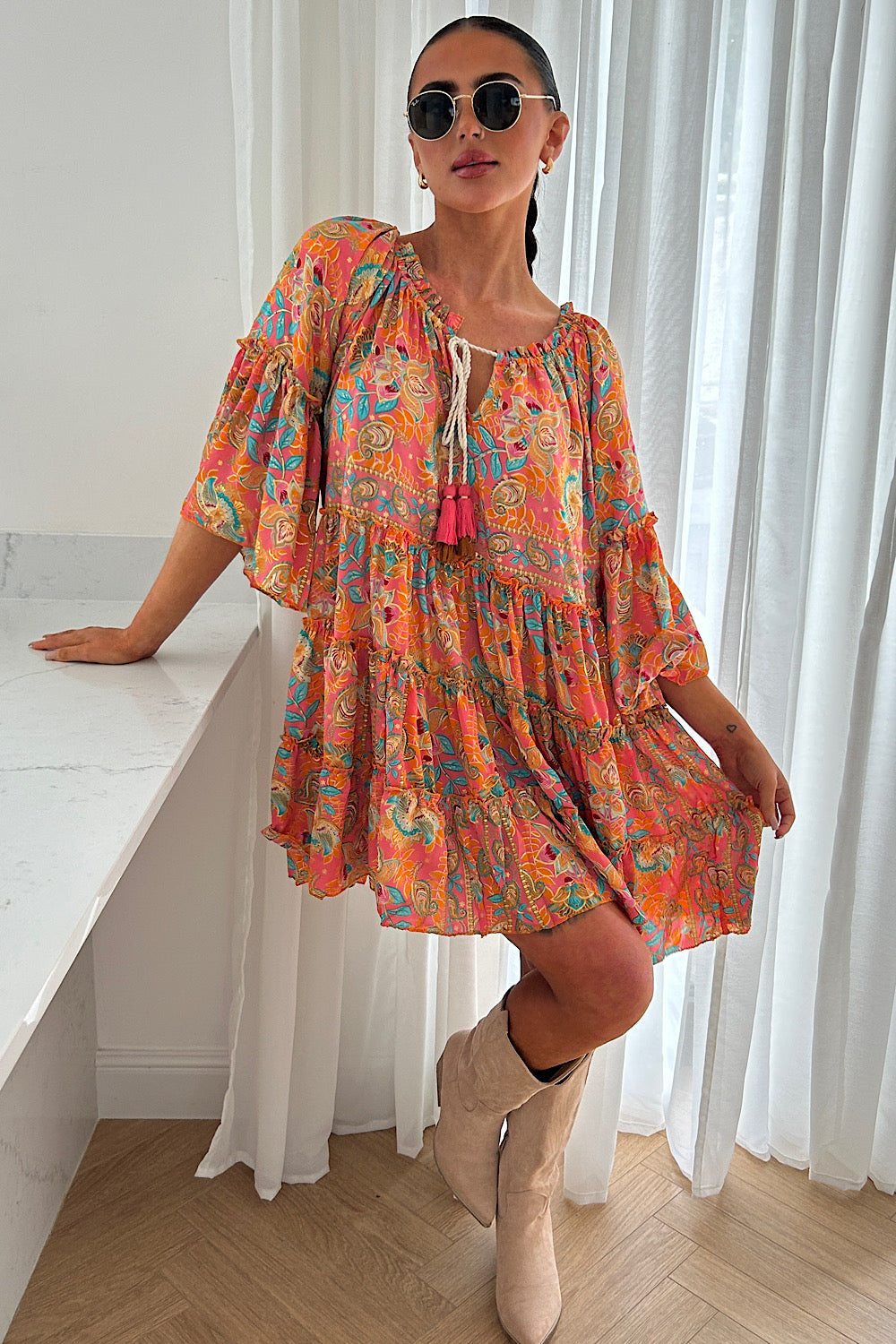 Naya Coral Boho Silk Mini Dress