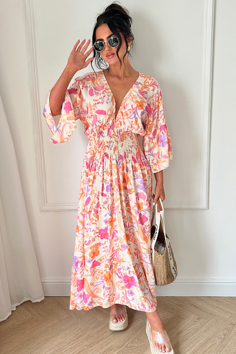 Pink V Front Swirl Maxi Dress