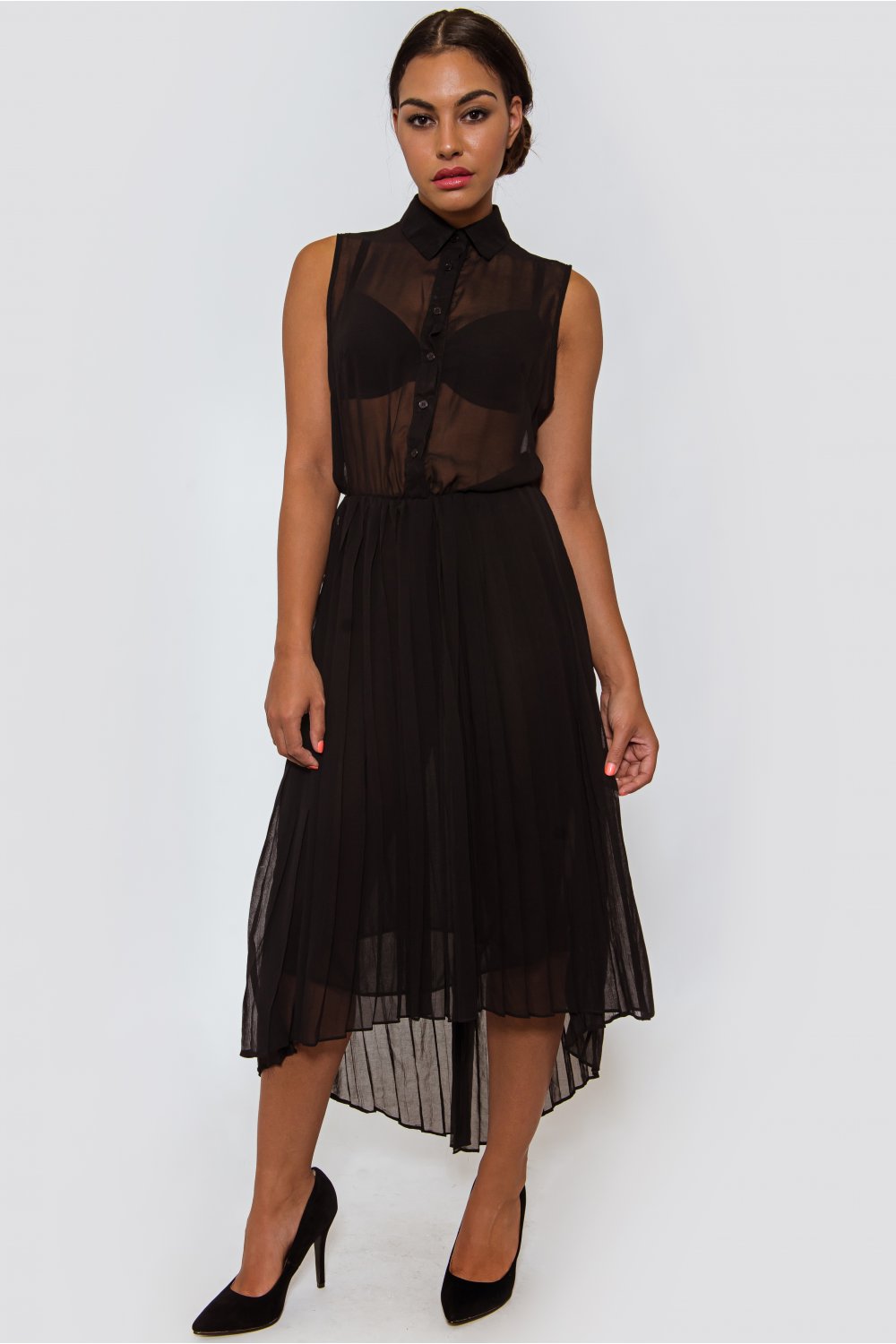 Lena Asymmetrical Black Midi Dress