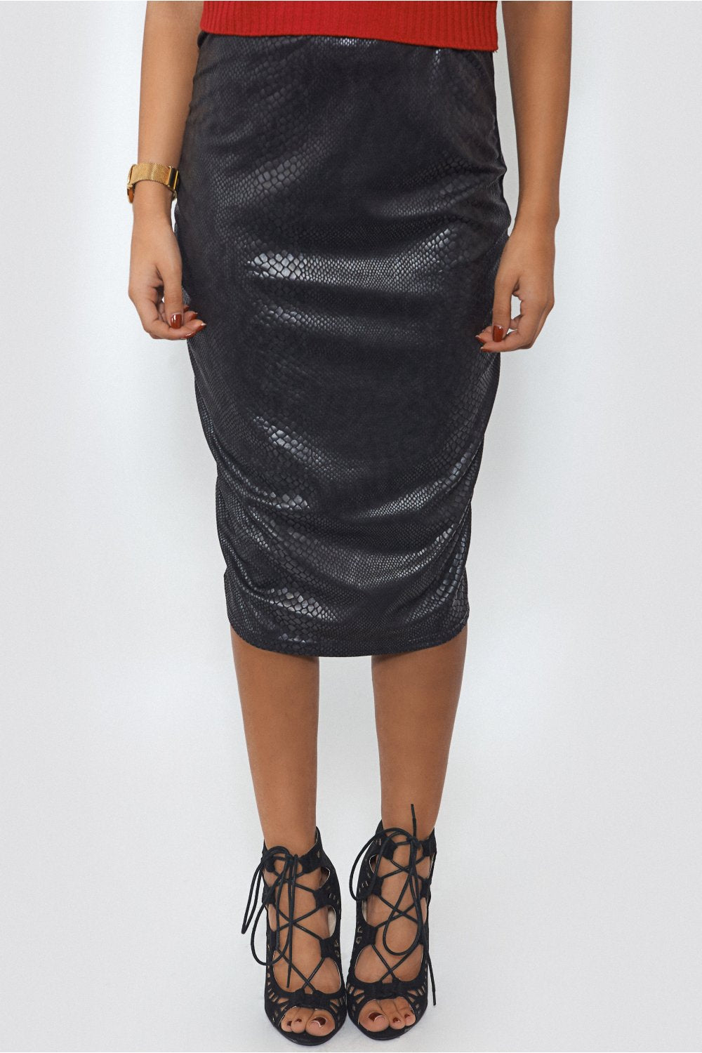 Snakeskin Black Bodycon Skirt