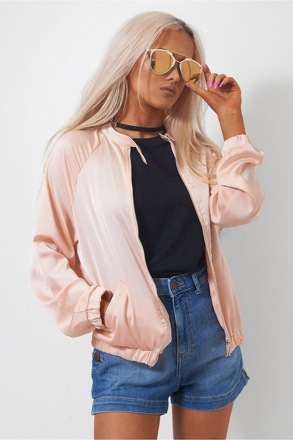 Peach Buckle Neck Bomber Jacket
