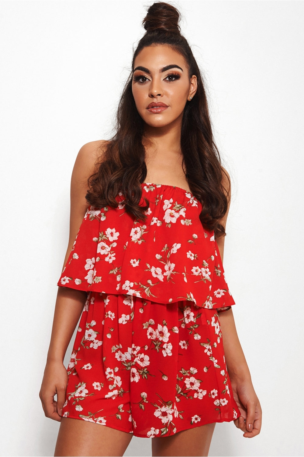 Mina Red Bandeau Floral Playsuit