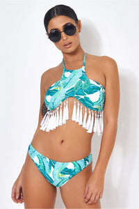Green Palm Print Tassel Bikini