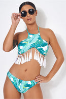 Green Palm Print Tassel Bikini