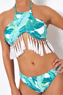 Green Palm Print Tassel Bikini
