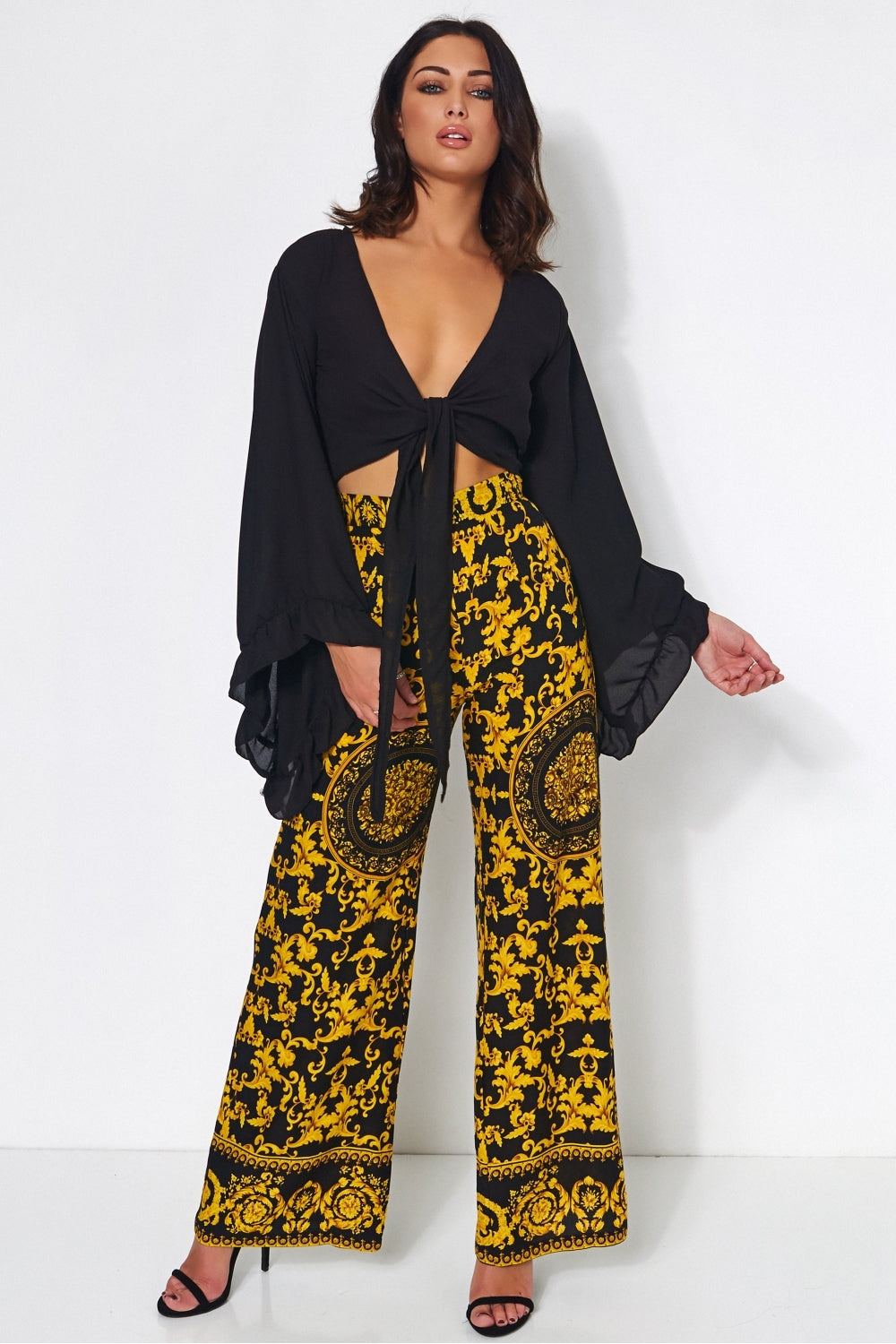 Black & Gold Baroque Print Wide Leg Trousers