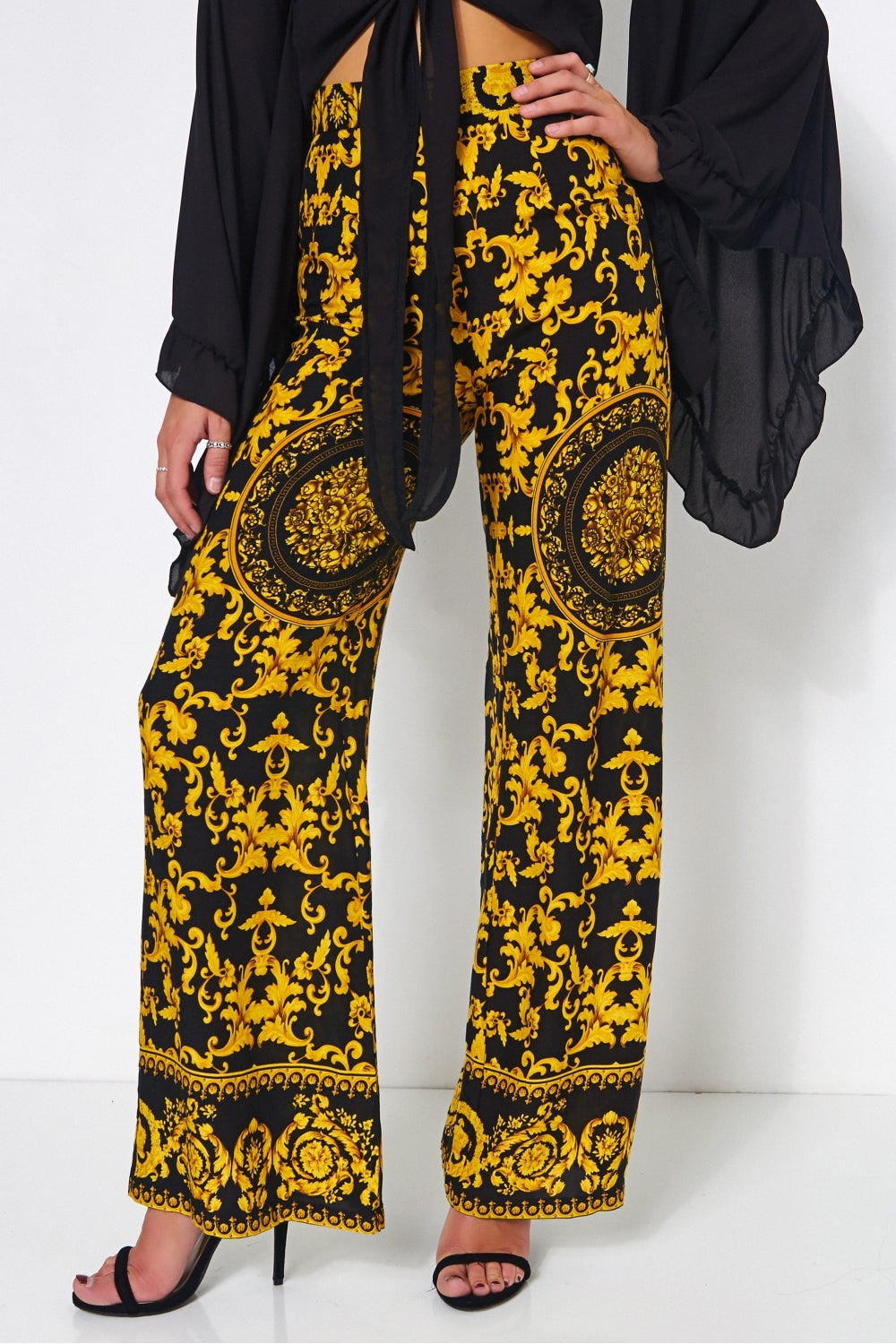 Black & Gold Baroque Print Wide Leg Trousers