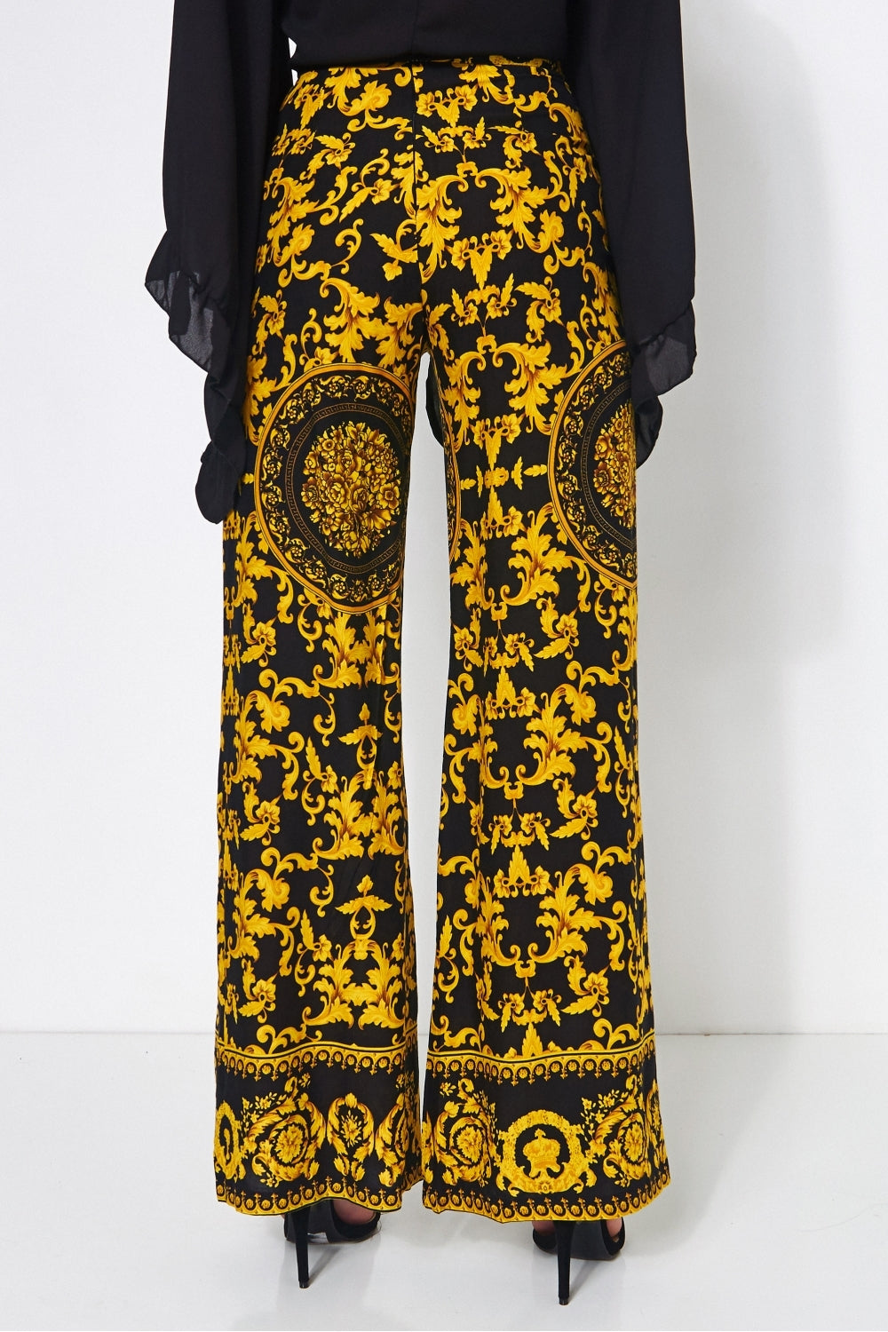 Black & Gold Baroque Print Wide Leg Trousers
