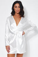 White Satin Twist Front Mini Dress