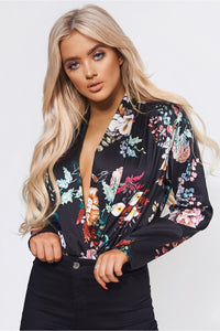Kiki Black Satin Floral Bodysuit