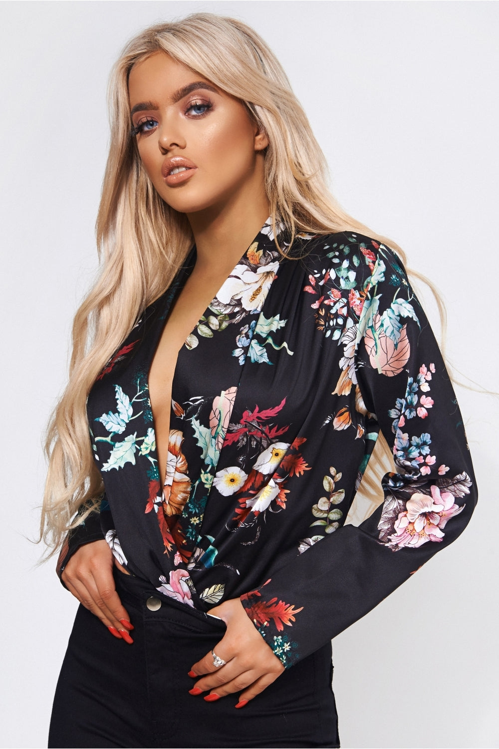 Kiki Black Satin Floral Bodysuit