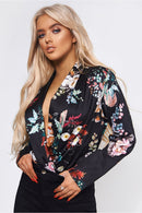Kiki Black Satin Floral Bodysuit