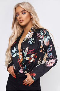 Kiki Black Satin Floral Bodysuit