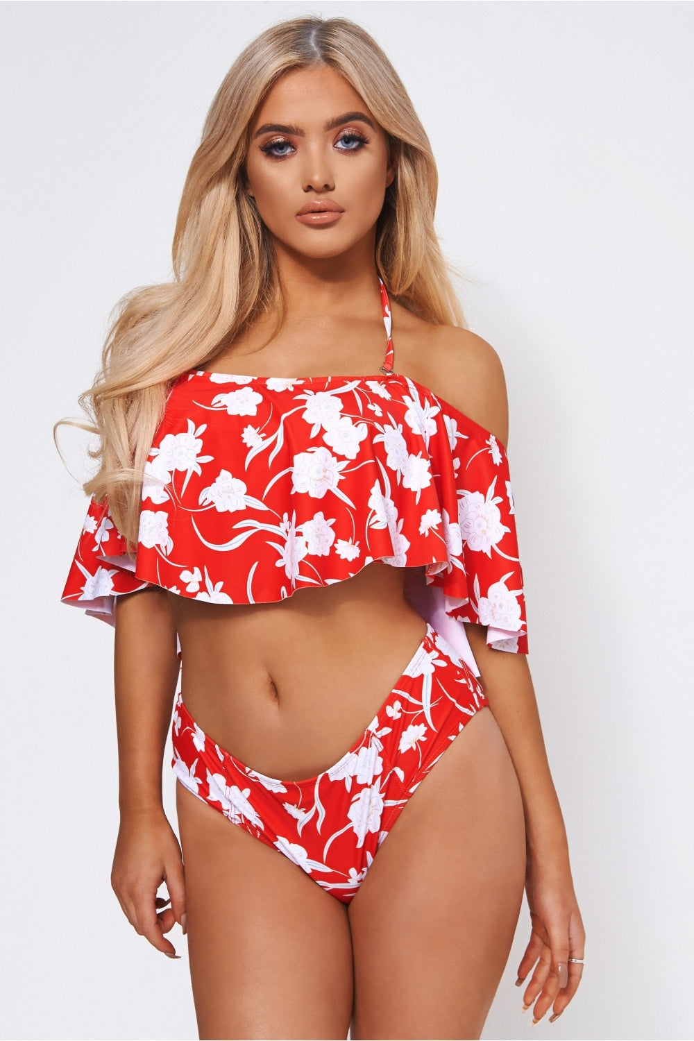 Red Floral Bardot Bikini