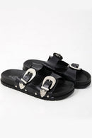 Double Buckle Black Western Sliders