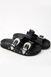 Double Buckle Black Western Sliders