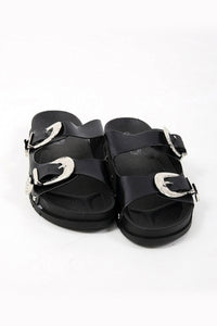 Double Buckle Black Western Sliders