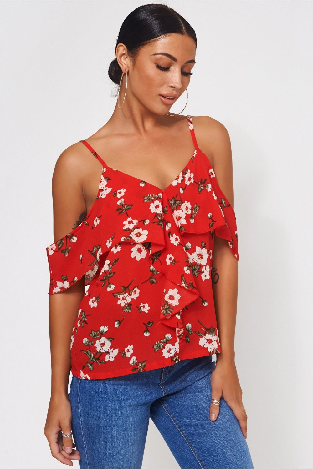 Poppy Red Floral Bardot Frill Top