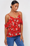Poppy Red Floral Bardot Frill Top